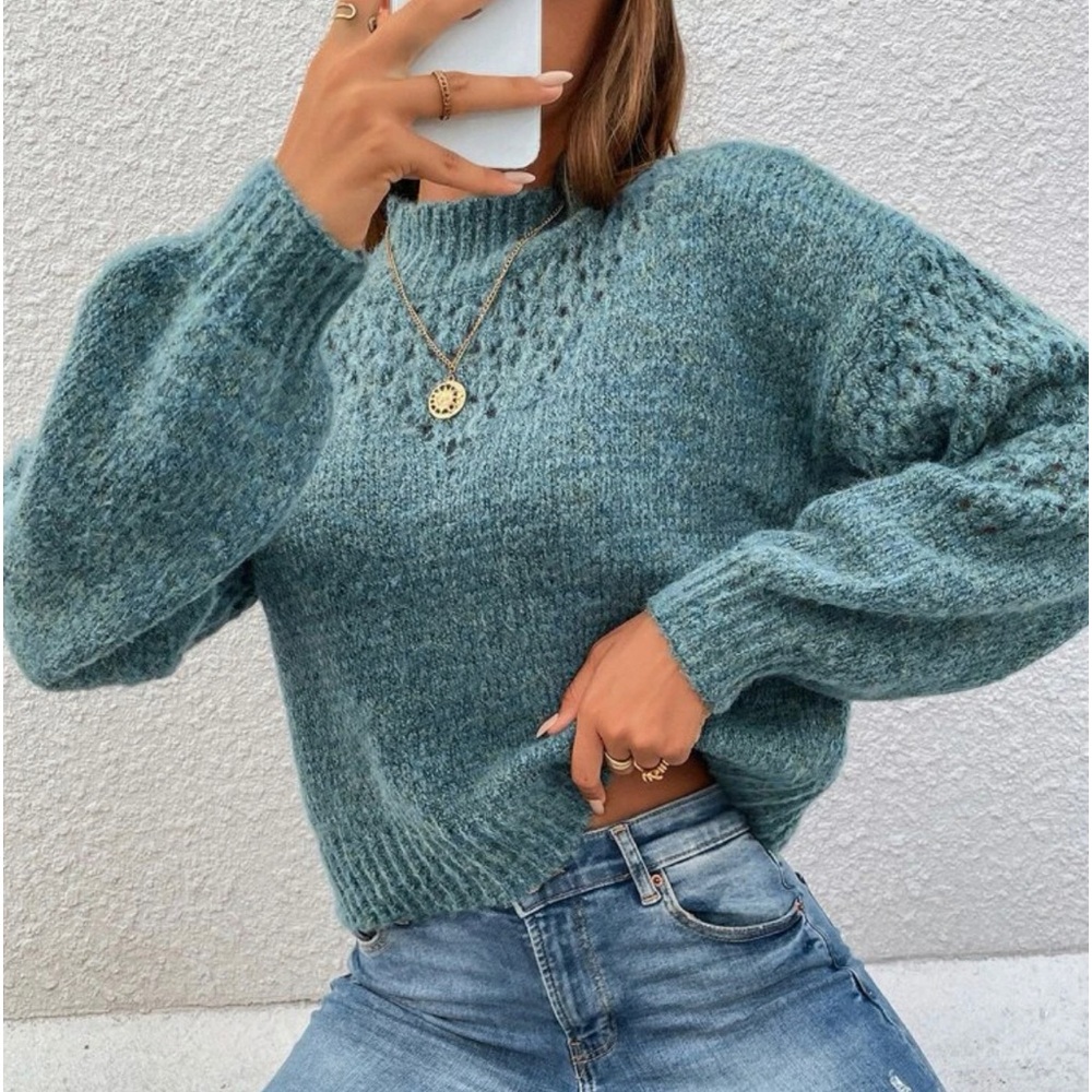 Mock Neck Drop Shoulder Lantern Sleeve Sweater blue Size L (8/10)